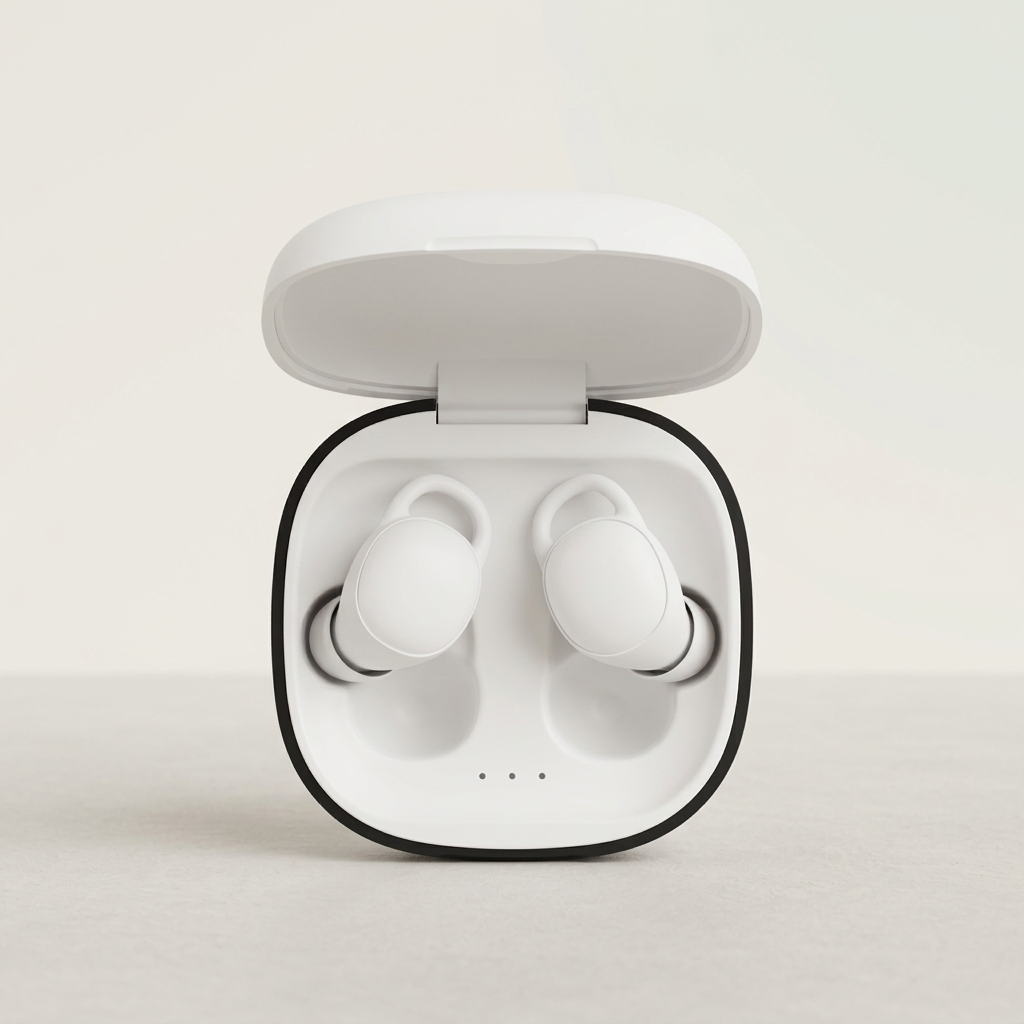 Mini earbuds with a warm neutral background