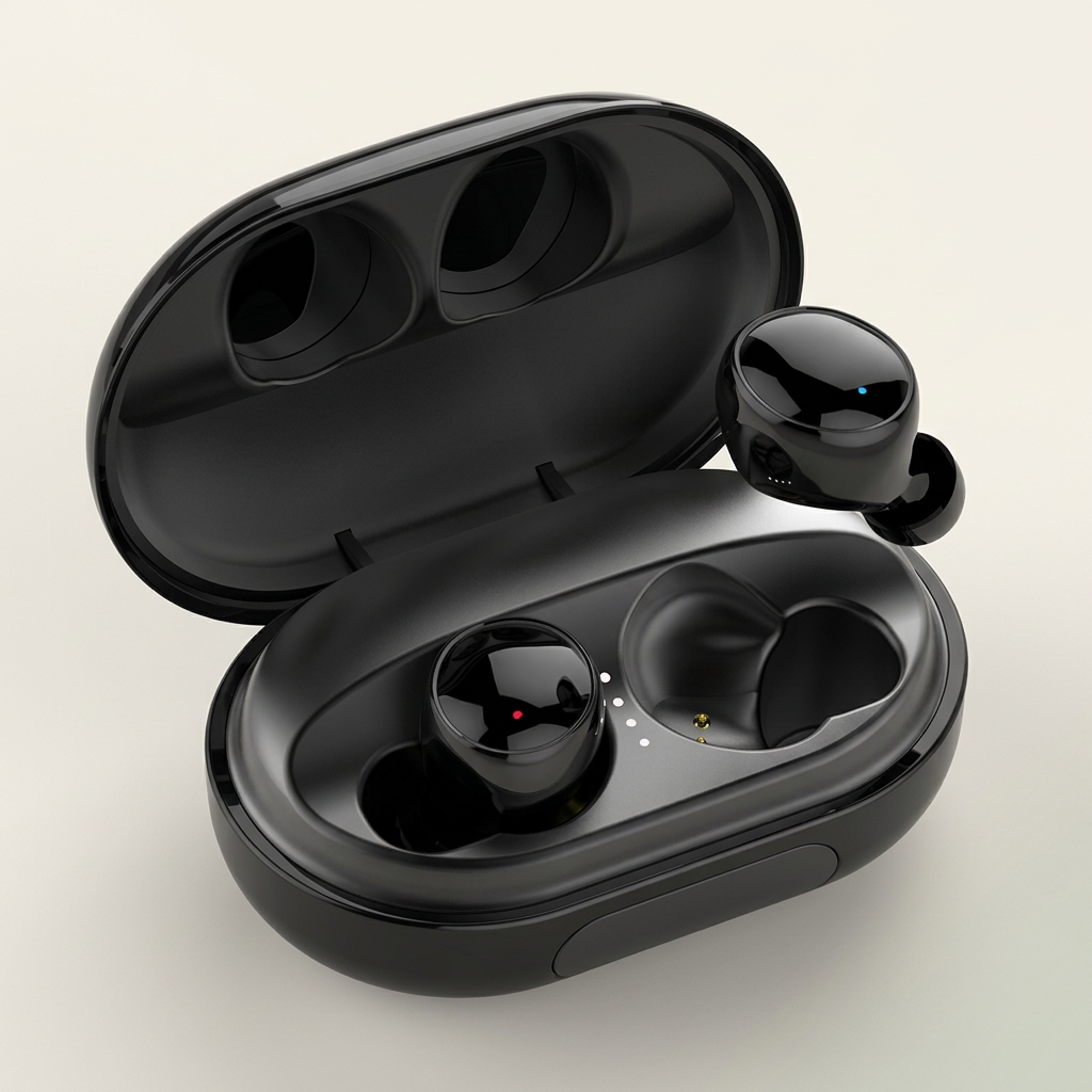 Touch Control earbuds with a warm neutral background