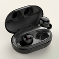 Touch Control earbuds with a warm neutral background